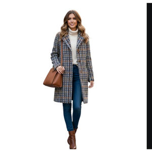 Women's VIGOSS Plaid Trench Coat XS Blue Brown